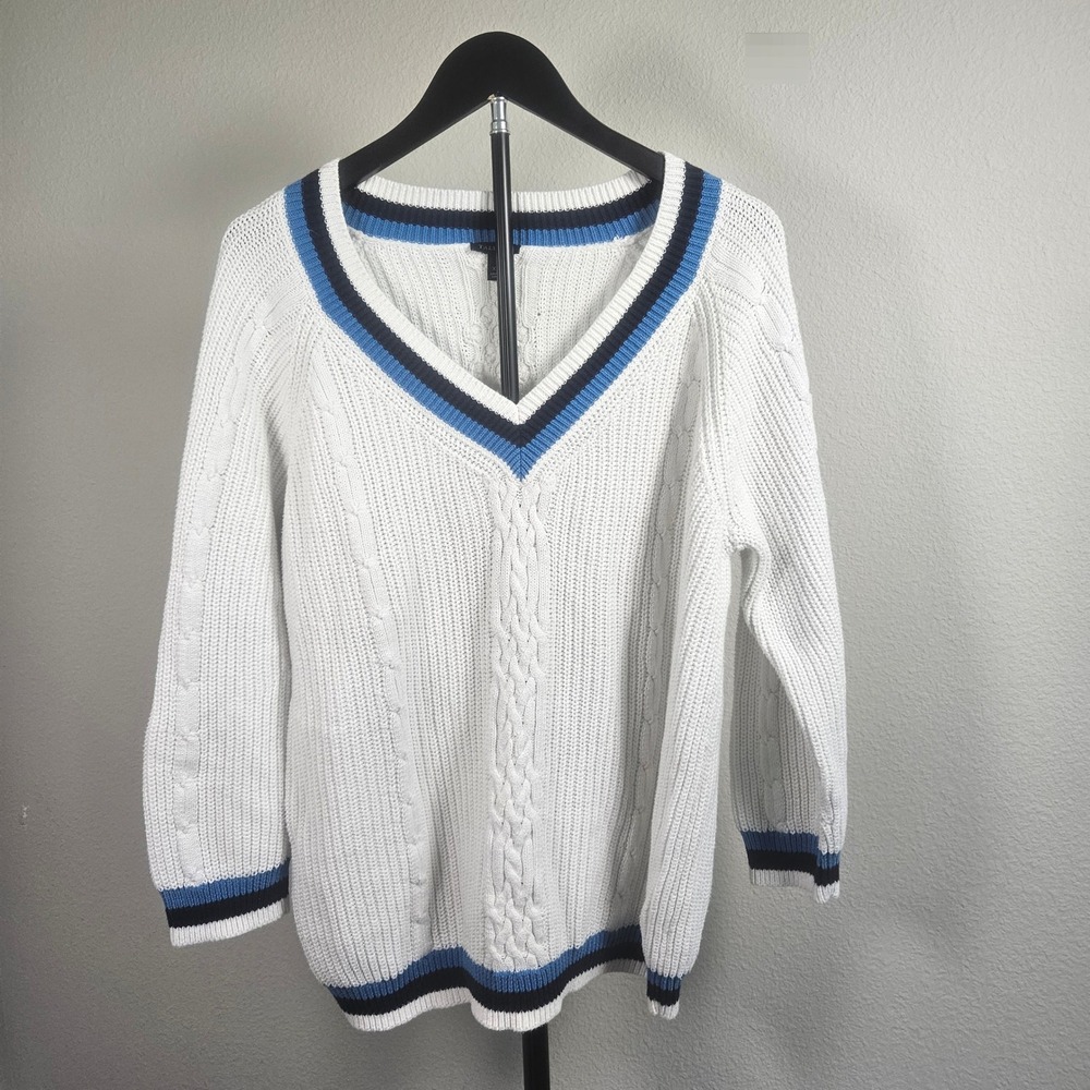 Talbots Sweater Womens XL White Blue Striped Cable Knit V-Neck Preppy Varsity